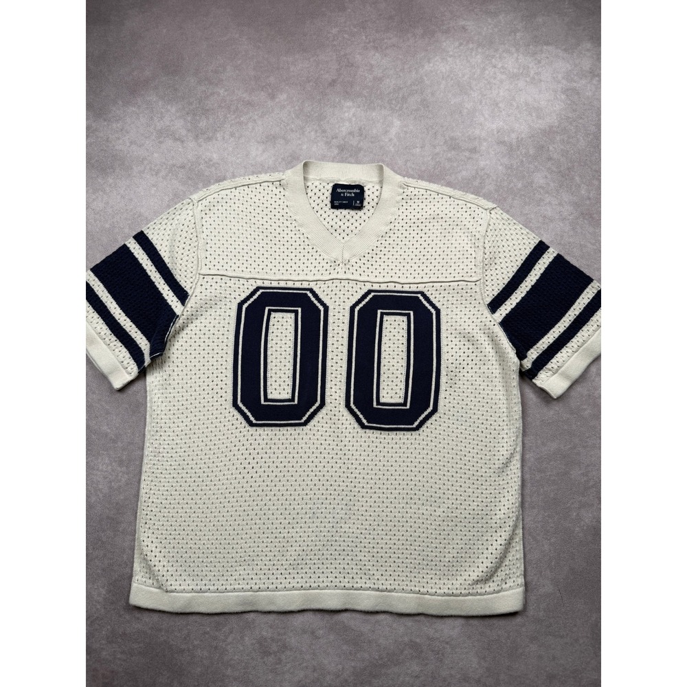 Abercrombie & Fitch Womens Size M Knit Football Jersey Sweater Cream Navy